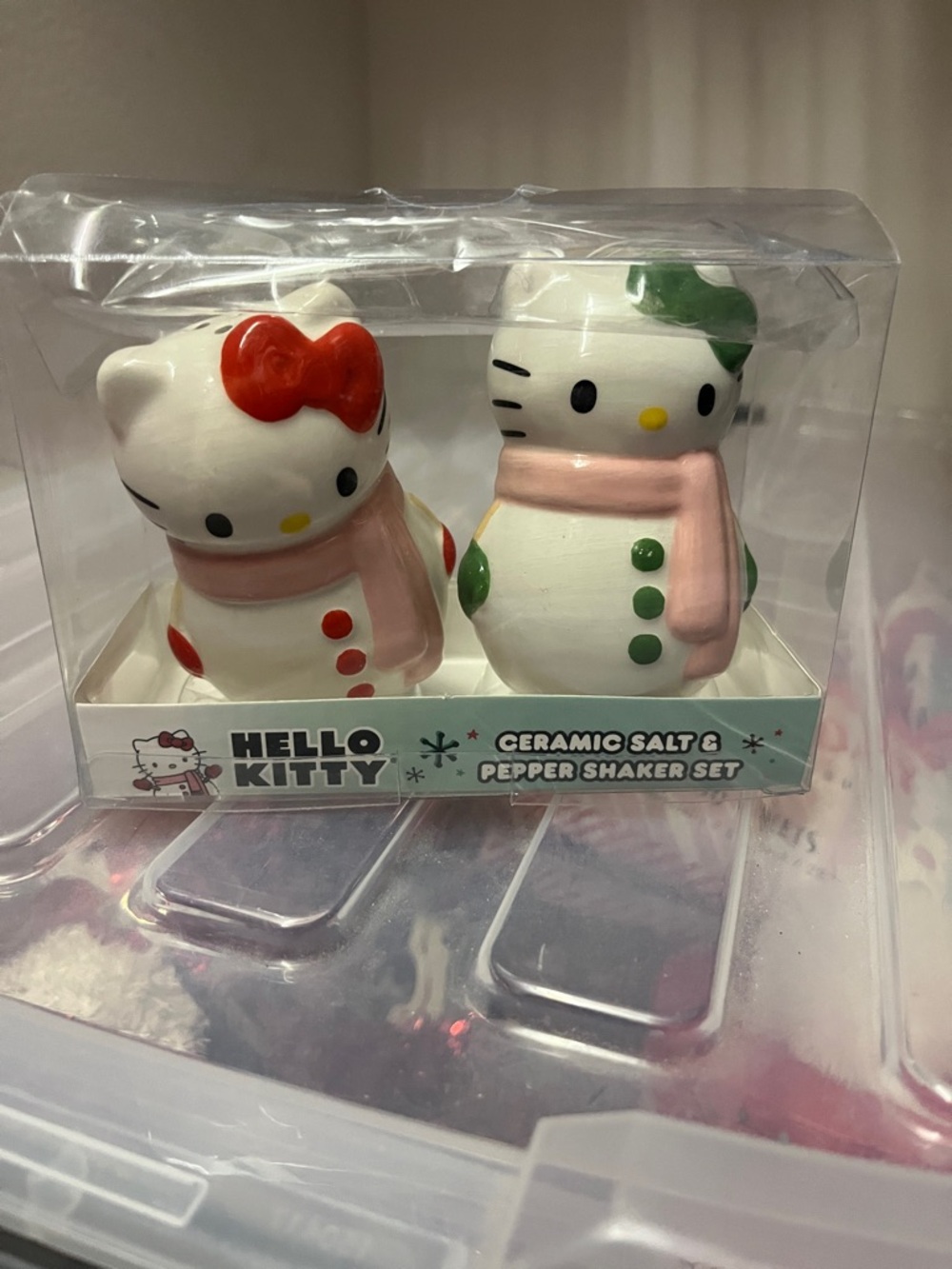 Hello Kitty Ceramic Snowman Salt & Pepper Shakers - Pink, Red, Green, White